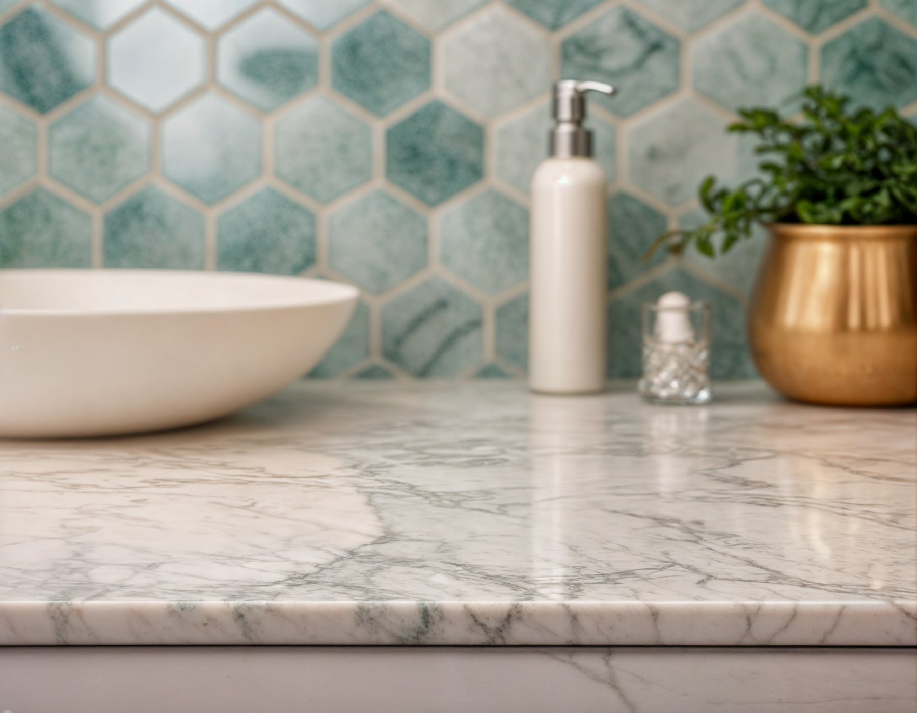 Aqua hexagonal tile and stone surface material combination
