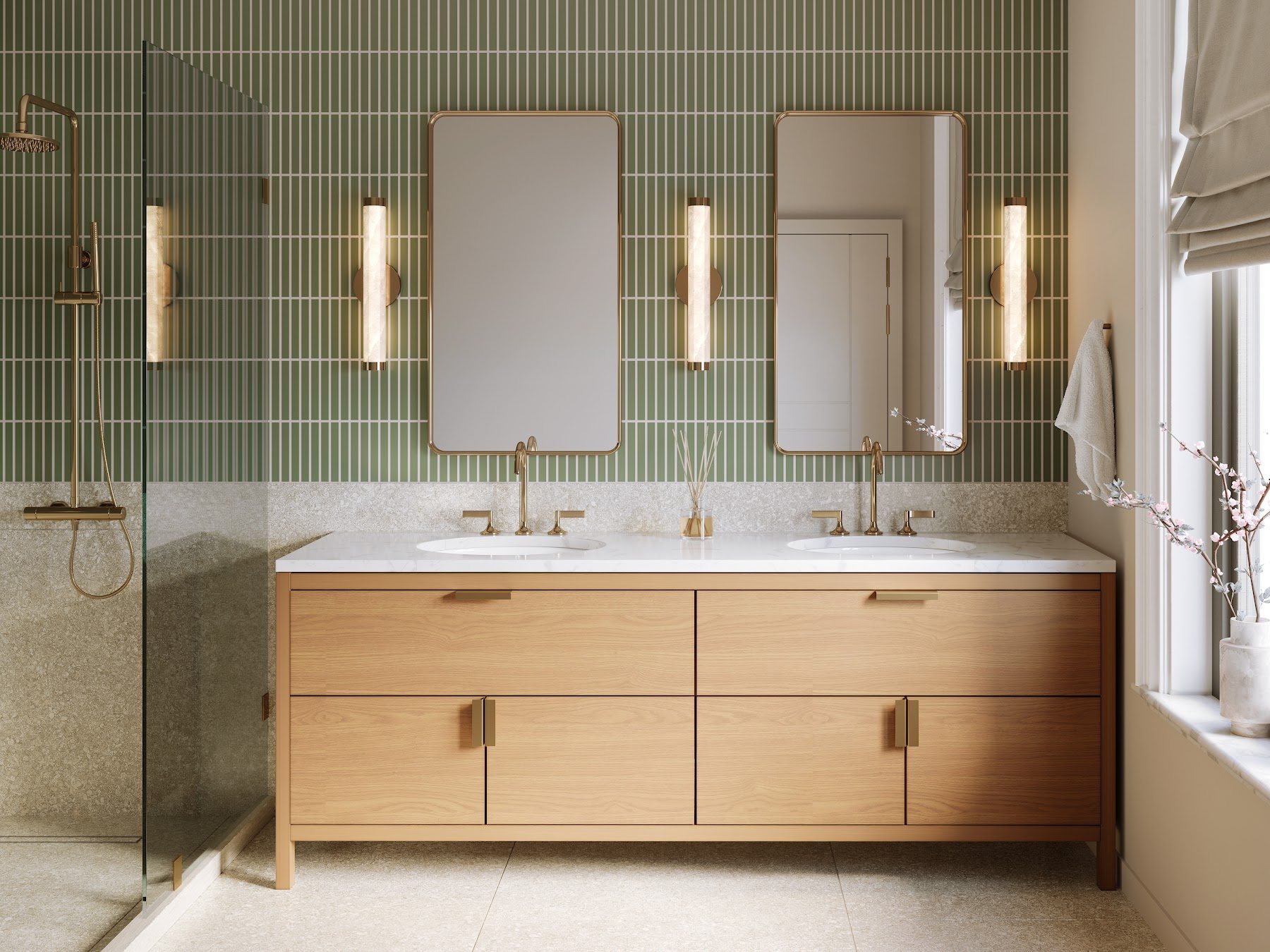 Wood bathroom vanity with green wall tile and twin mirrors