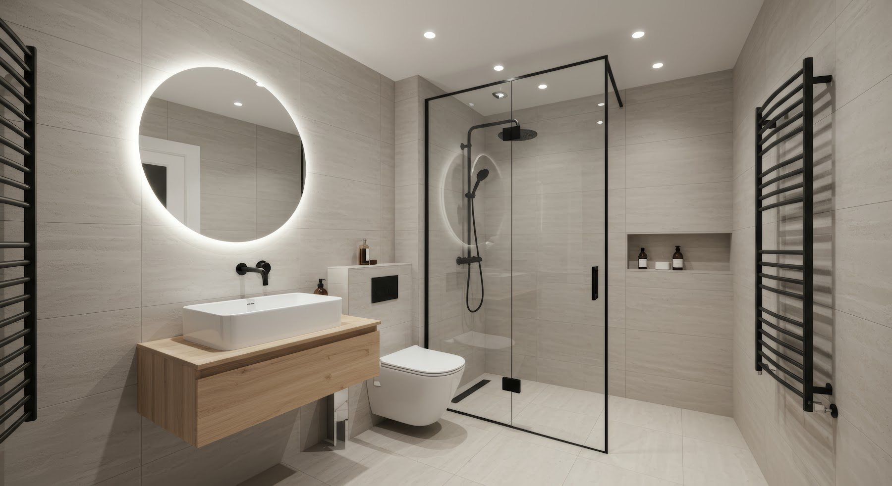 Modern bathroom with wood vanity, round mirror, and black-framed shower