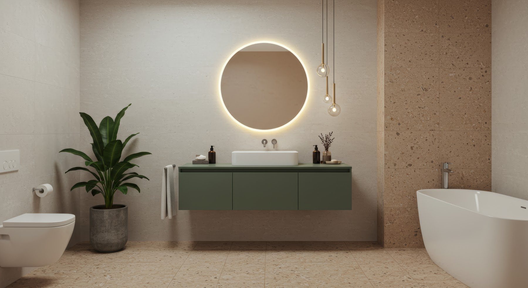 Contemporary bathroom with green floating vanity and illuminated round mirror