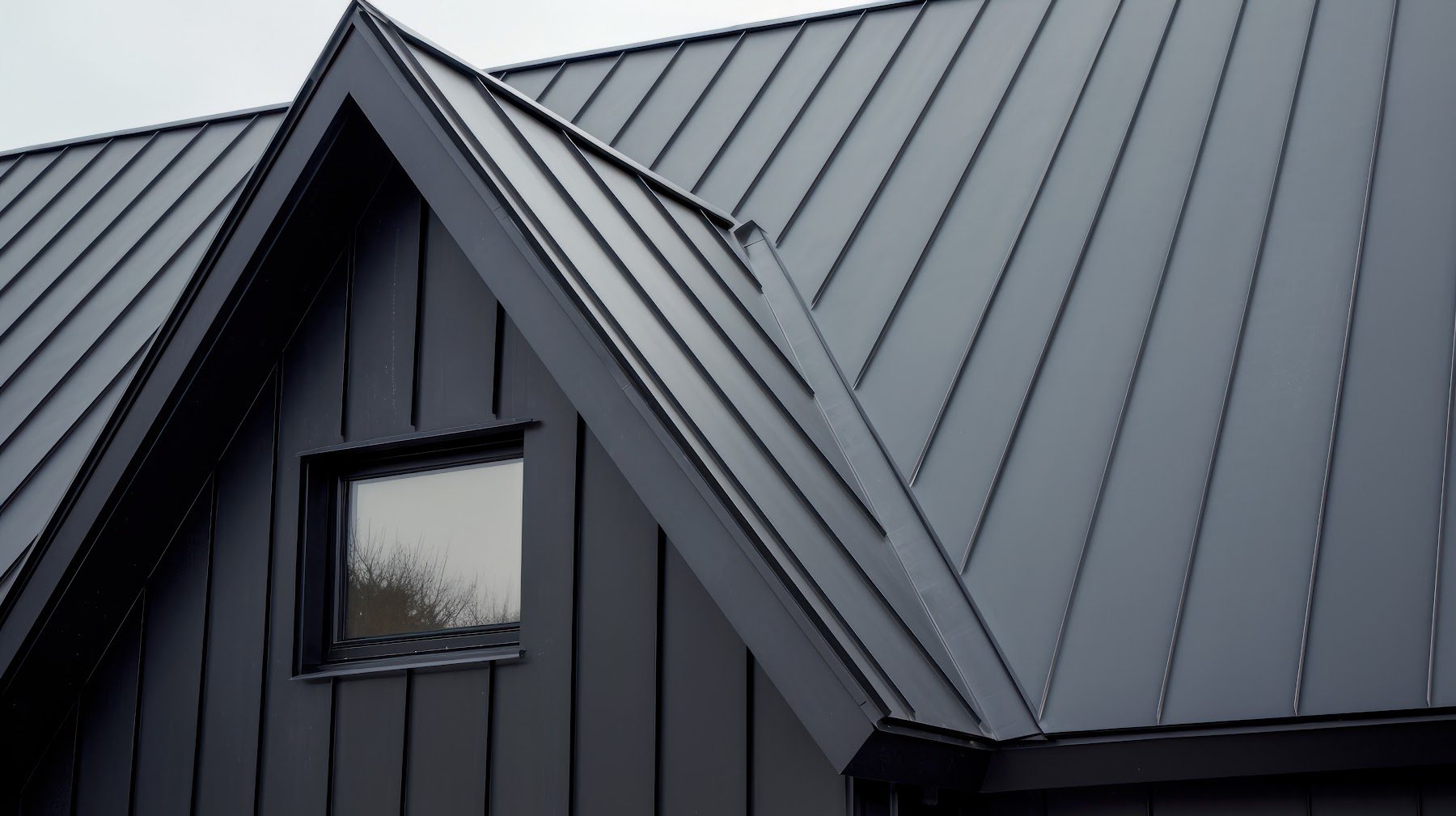 Modern house exterior with dark metal roofing and cladding