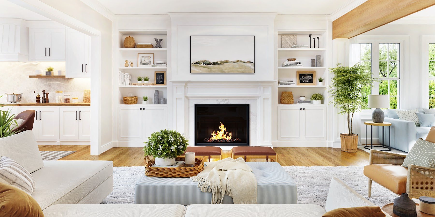 Bright living room with built-in storage and a fireplace