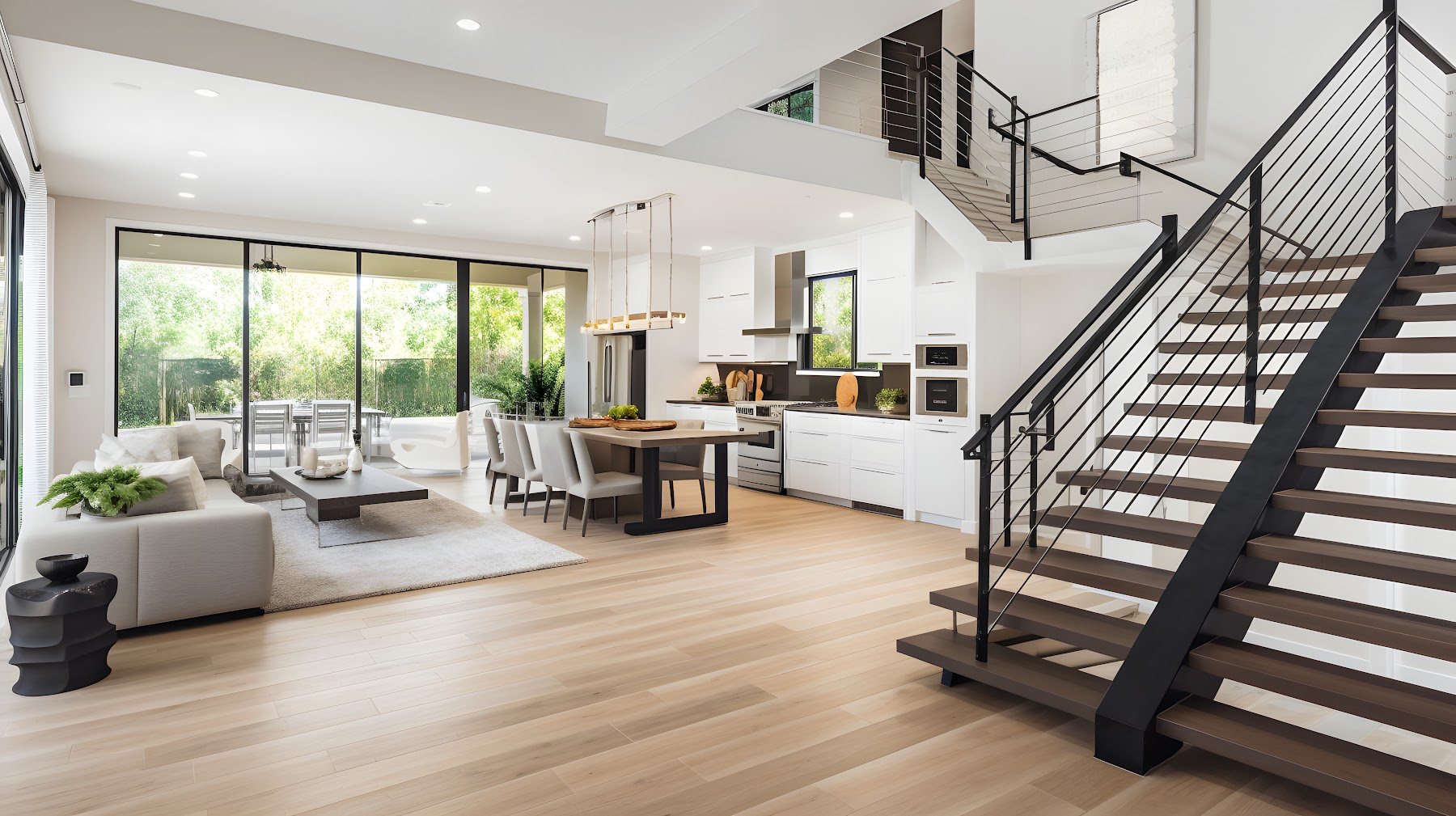 Open-concept main floor with modern staircase, kitchen, and living area