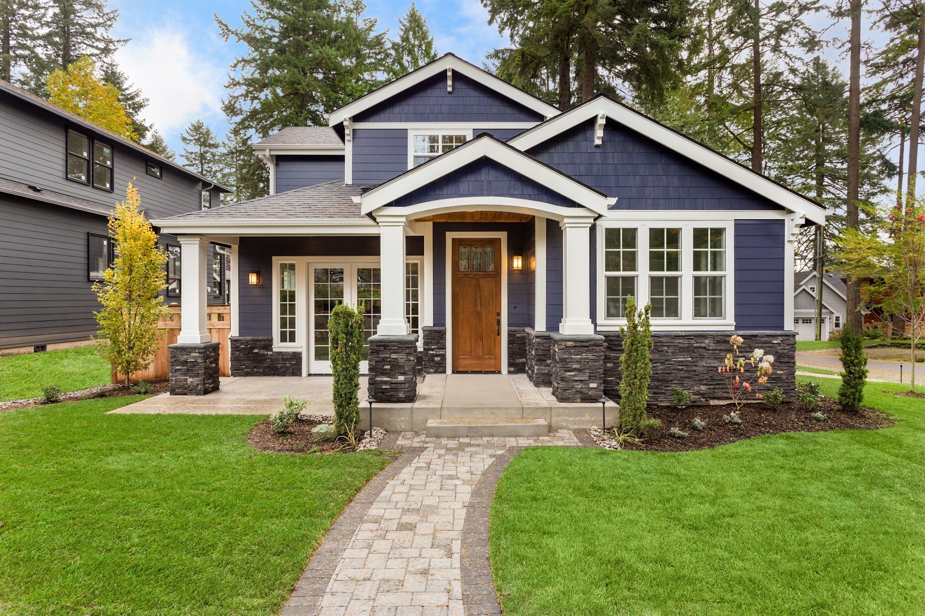 Blue-gray lap siding on a craftsman-style home